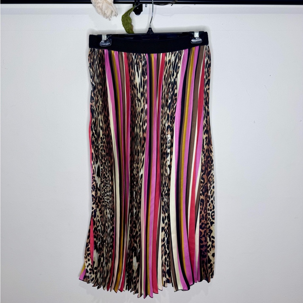 Cristina Lei Striped/Leopard Print Pleated Midi Skirt